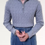 Grey Old Money Retro Sweater Zip shown in a lifestyle setting