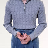 Grey Old Money Retro Sweater Zip shown in a lifestyle setting