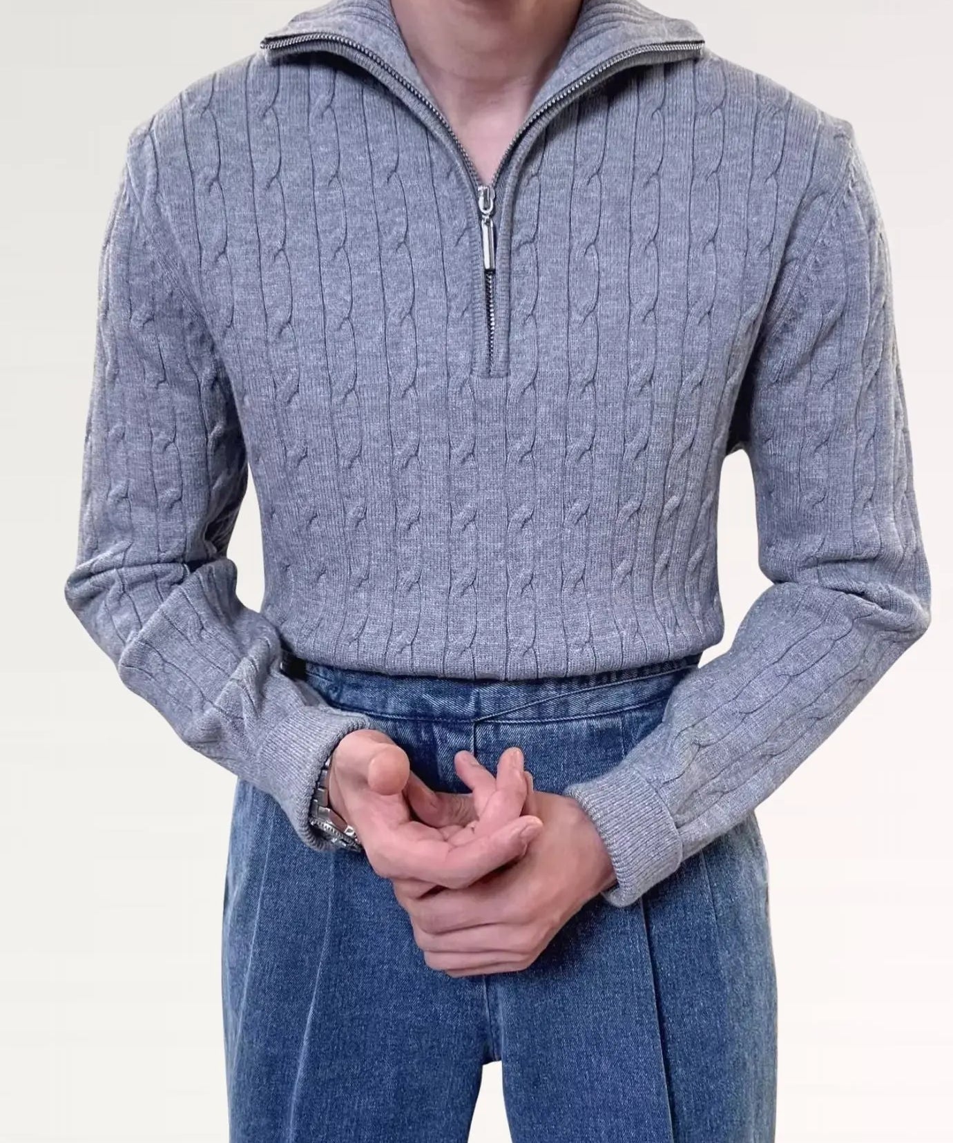 Grey Old Money Retro Sweater Zip shown in a lifestyle setting
