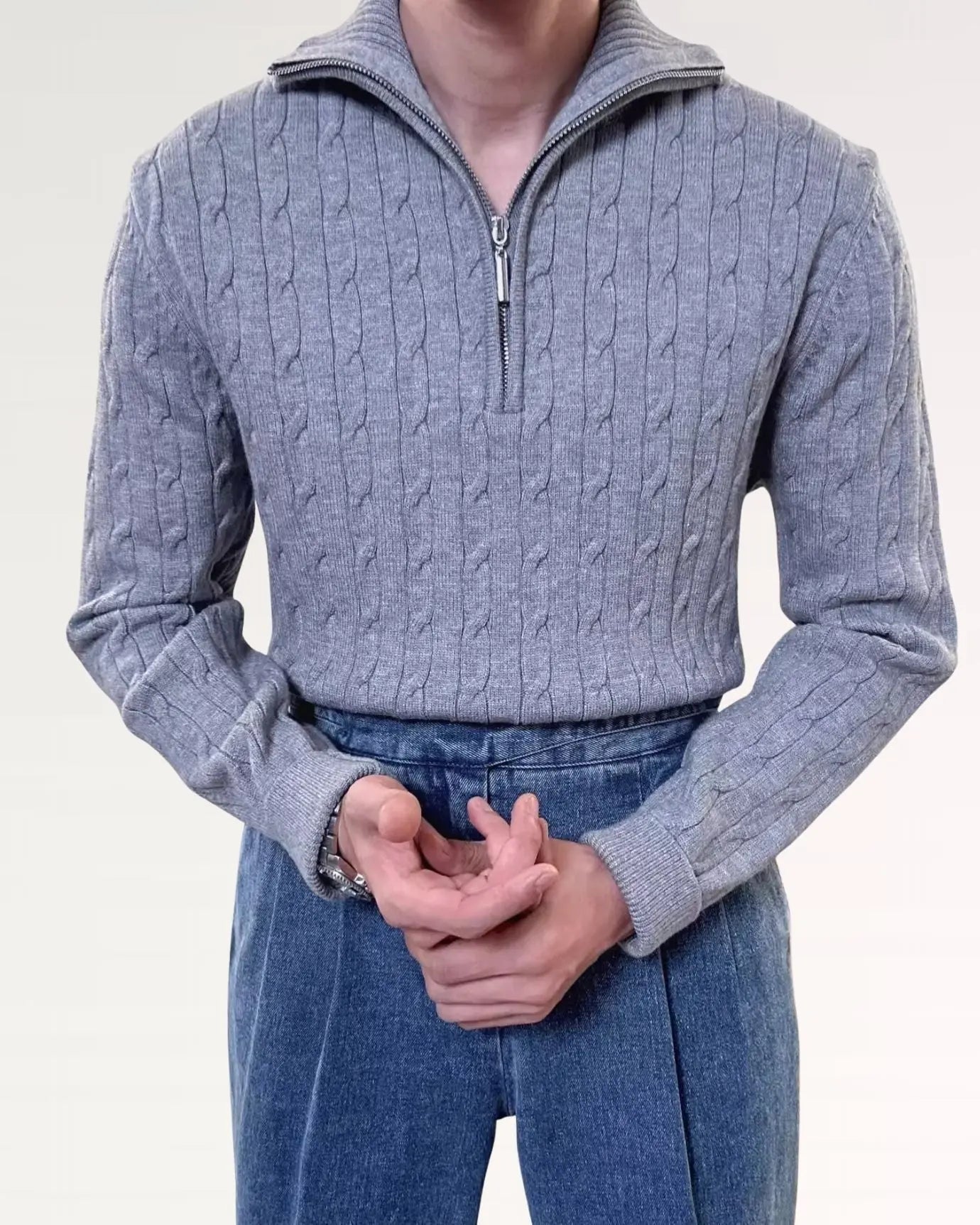 Grey Old Money Retro Sweater Zip shown in a lifestyle setting