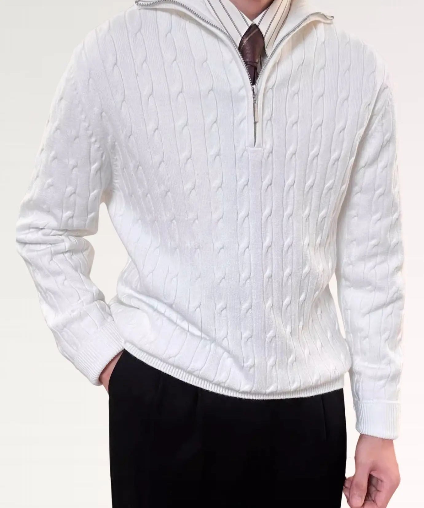 White Old Money Retro Sweater Zip shown in a lifestyle setting