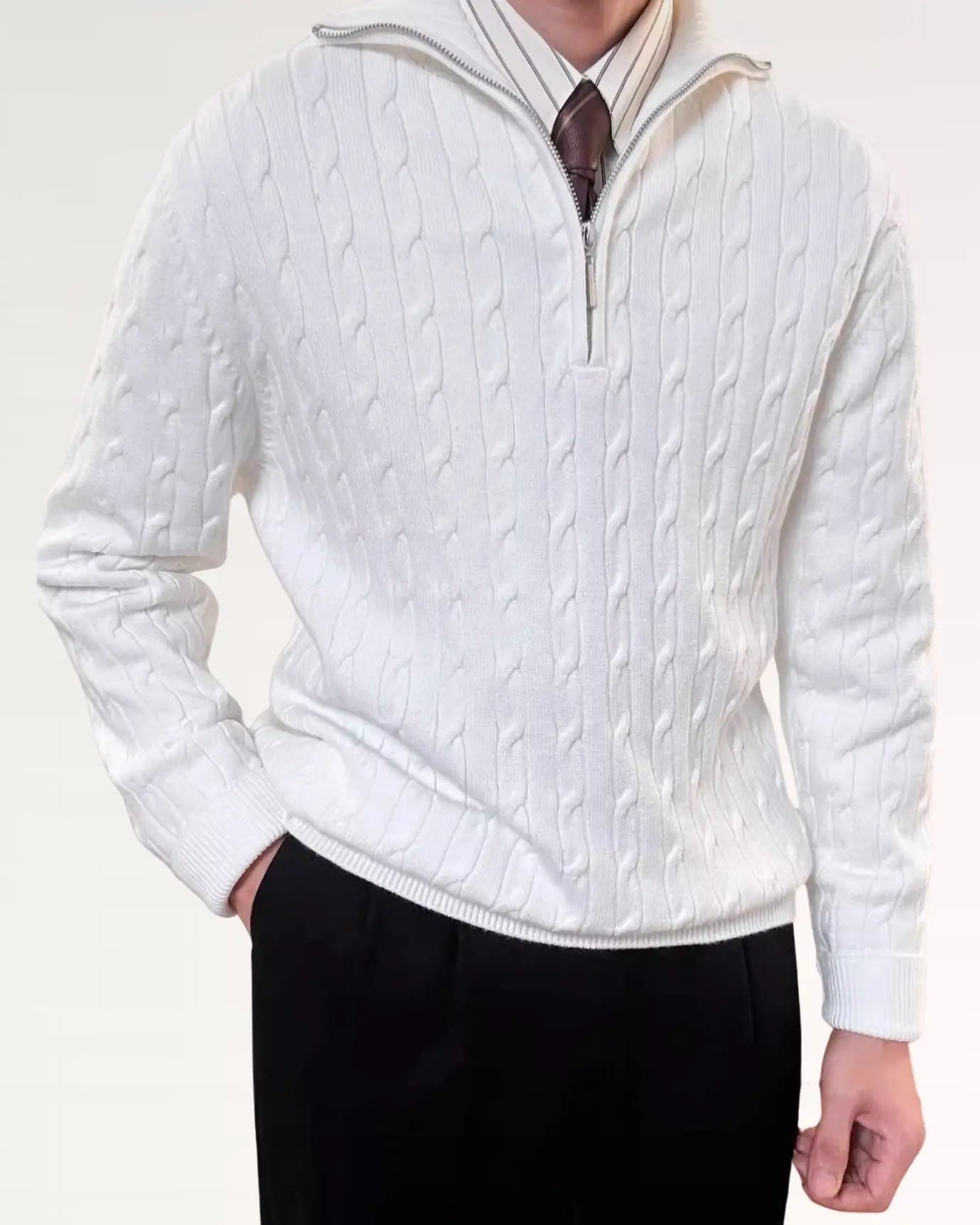 White Old Money Retro Sweater Zip shown in a lifestyle setting