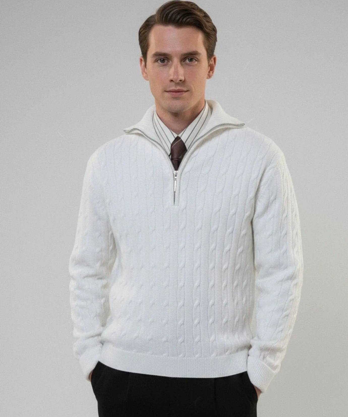 Old Money Retro Sweater Zip shown in a lifestyle setting