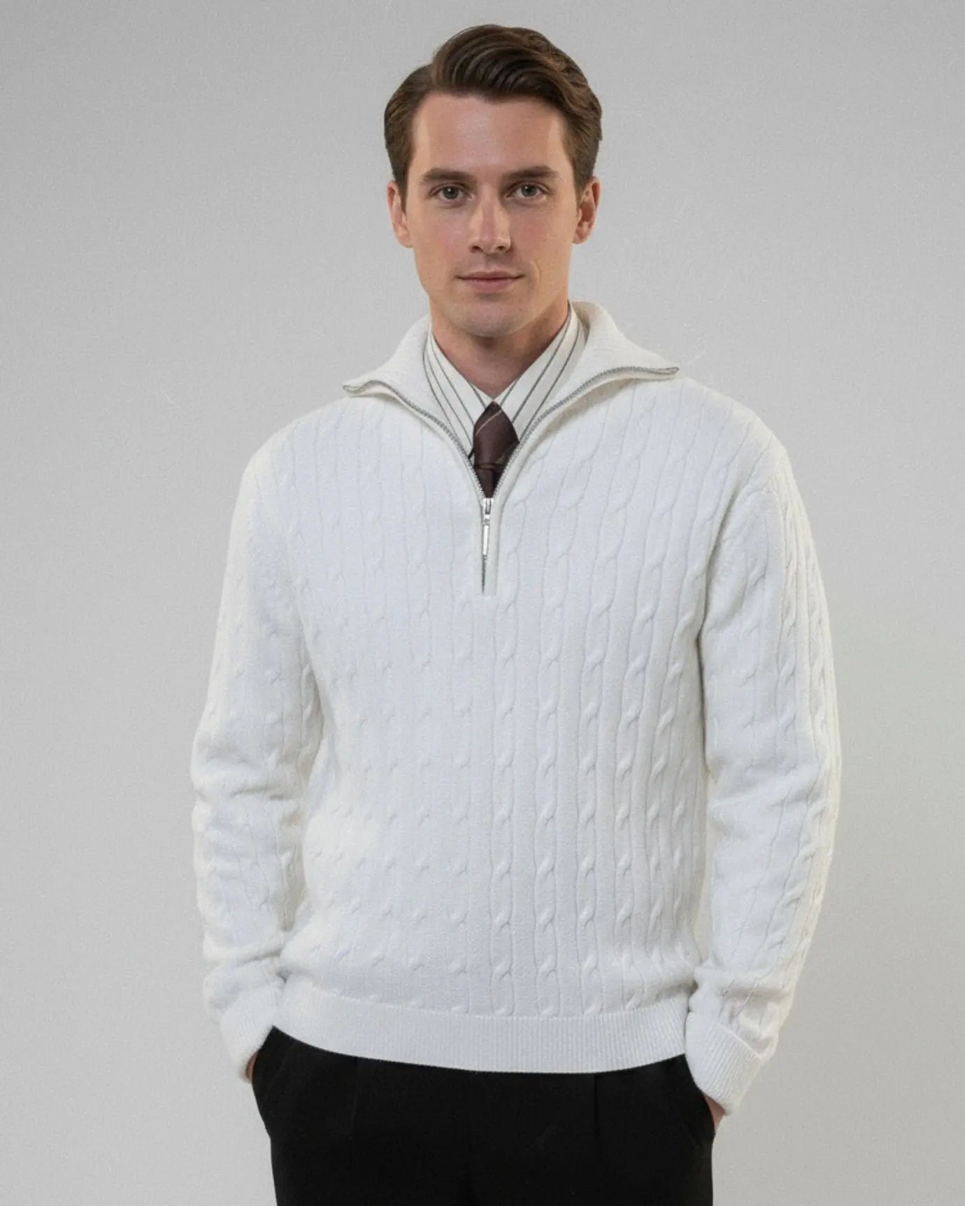 Old Money Retro Sweater Zip shown in a lifestyle setting
