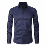 Front view of Navy Blue Old Money Stretch Button-up Shirt