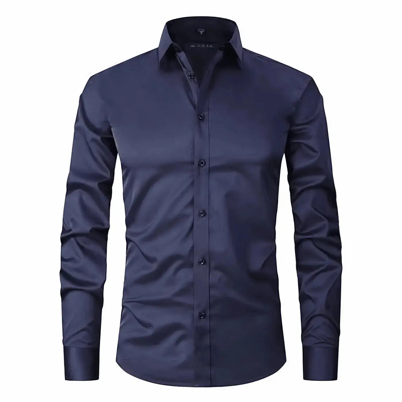 Front view of Navy Blue Old Money Stretch Button-up Shirt