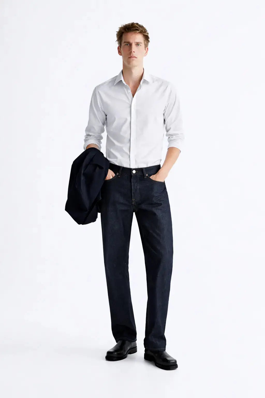 Old Money Stretch Button-up Shirt shown in a lifestyle setting, full length view