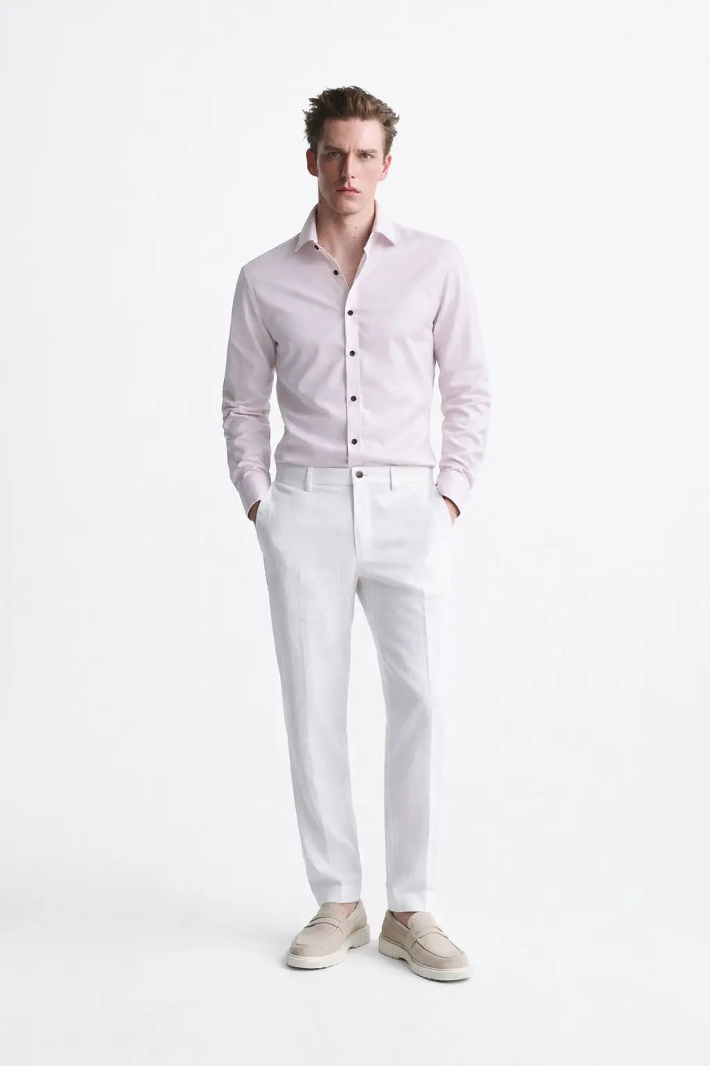 Old Money Stretch Button-up Shirt shown in a lifestyle setting, side angle view