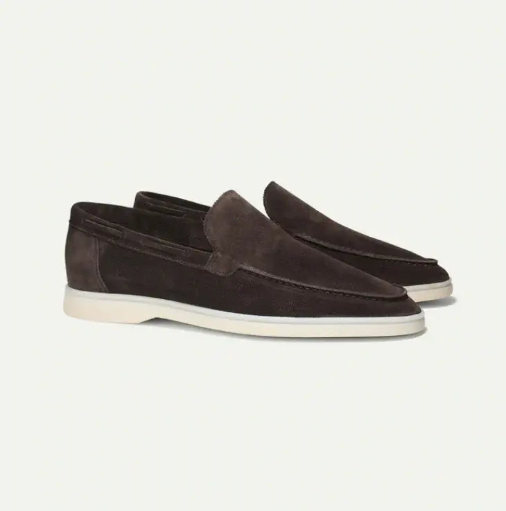 Side view of Dark brown Old Money Suede Loafers