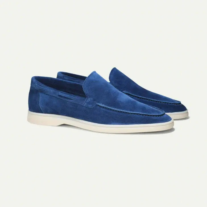 Side view of Navy blue Old Money Suede Loafers