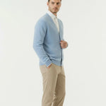 Old Money Wool Cardigan Sweater shown in a lifestyle setting, full length view