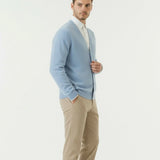 Old Money Wool Cardigan Sweater shown in a lifestyle setting, full length view