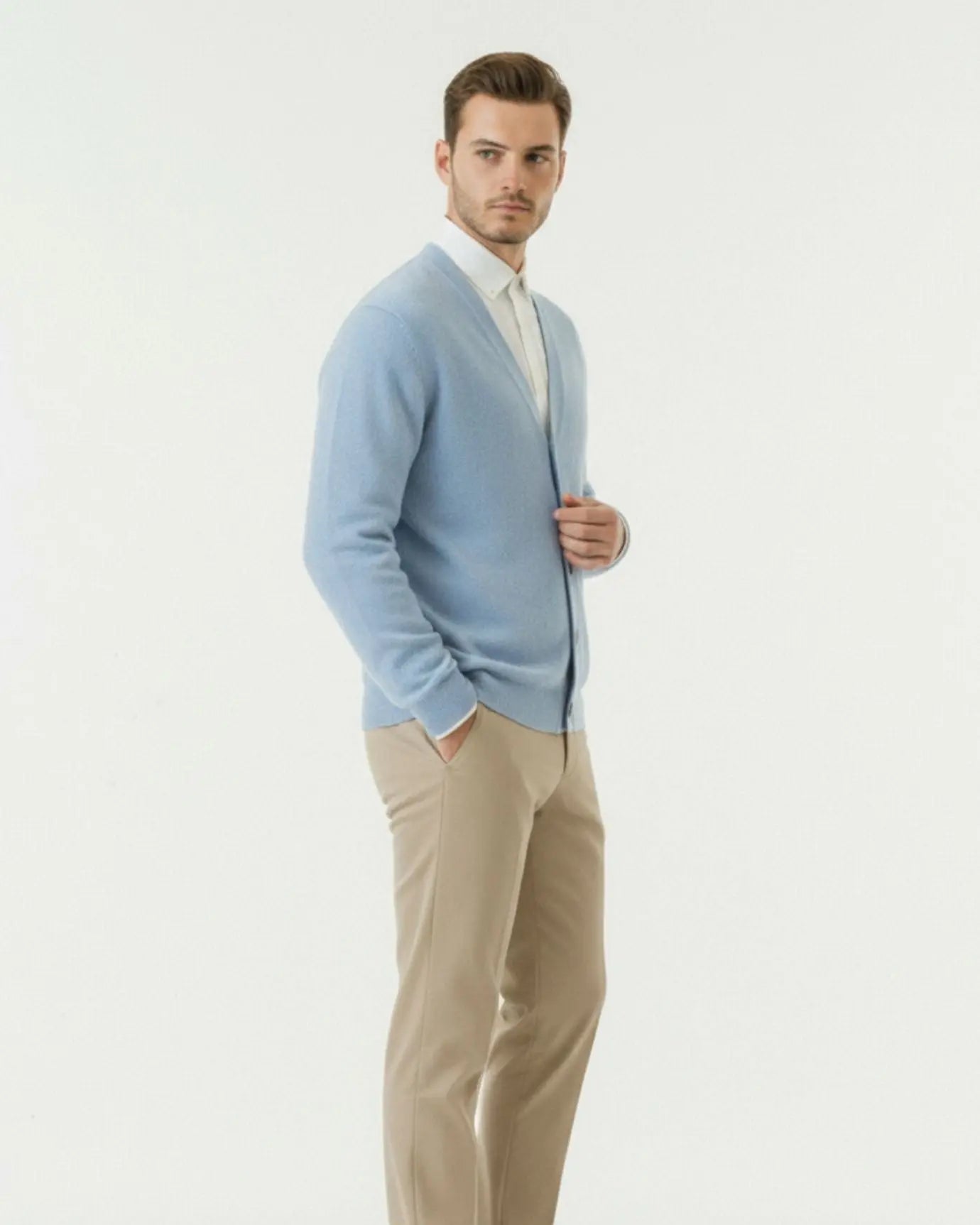 Old Money Wool Cardigan Sweater shown in a lifestyle setting, full length view