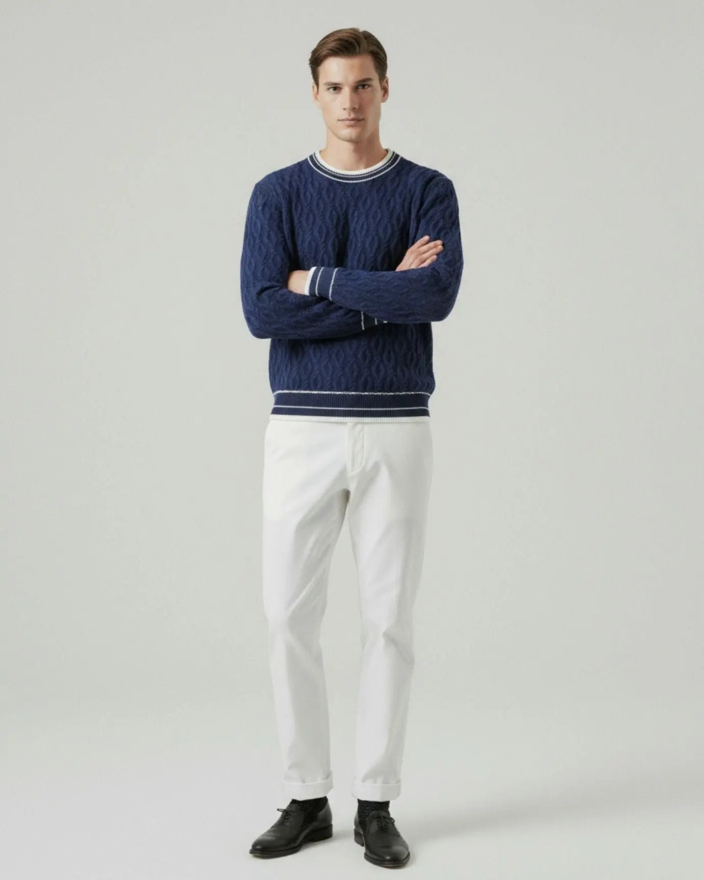 Old Money Wool & Cashmere Sweater shown in a lifestyle setting, cropped view