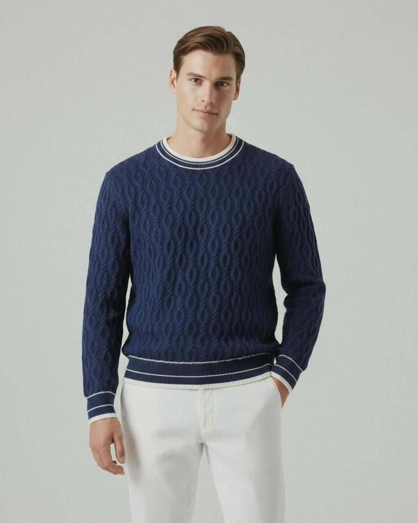 Old Money Wool & Cashmere Sweater shown in a lifestyle setting, full length view