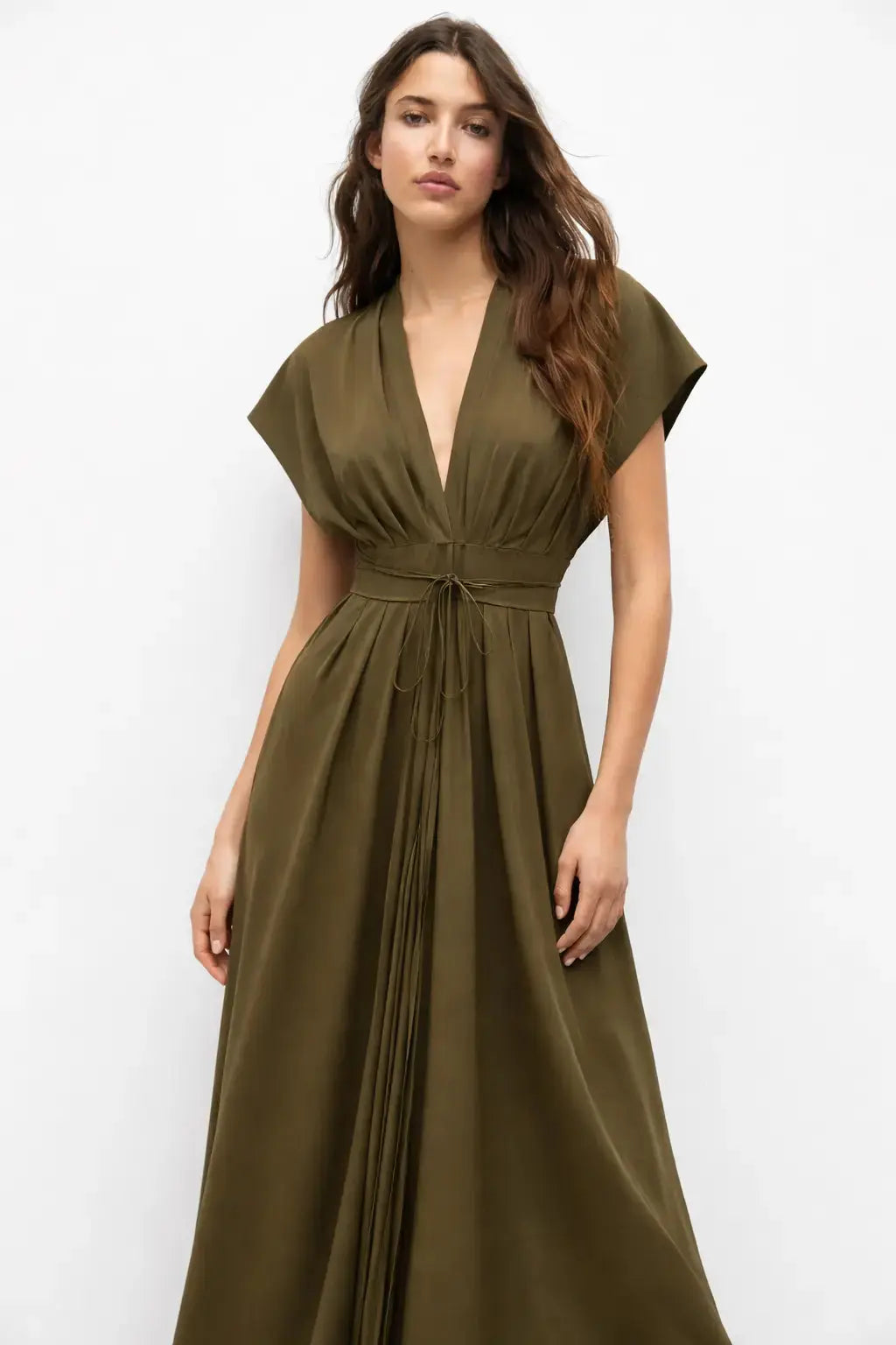 Olive Reverie Dress shown in a lifestyle setting
