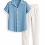 Front view of Light Blue Palawan - Short-Sleeved Set