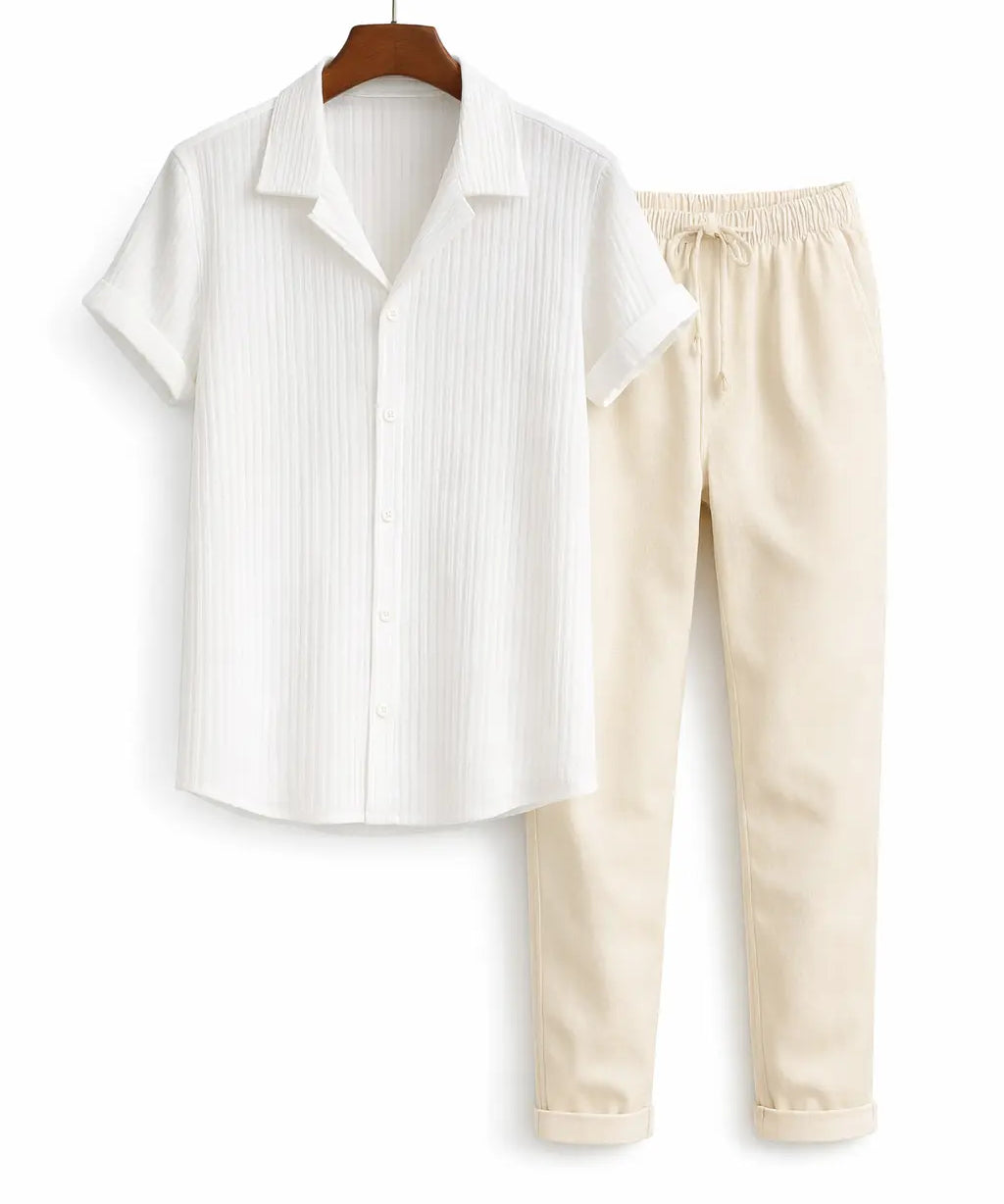Front view of White & Beige Palawan - Short-Sleeved Set