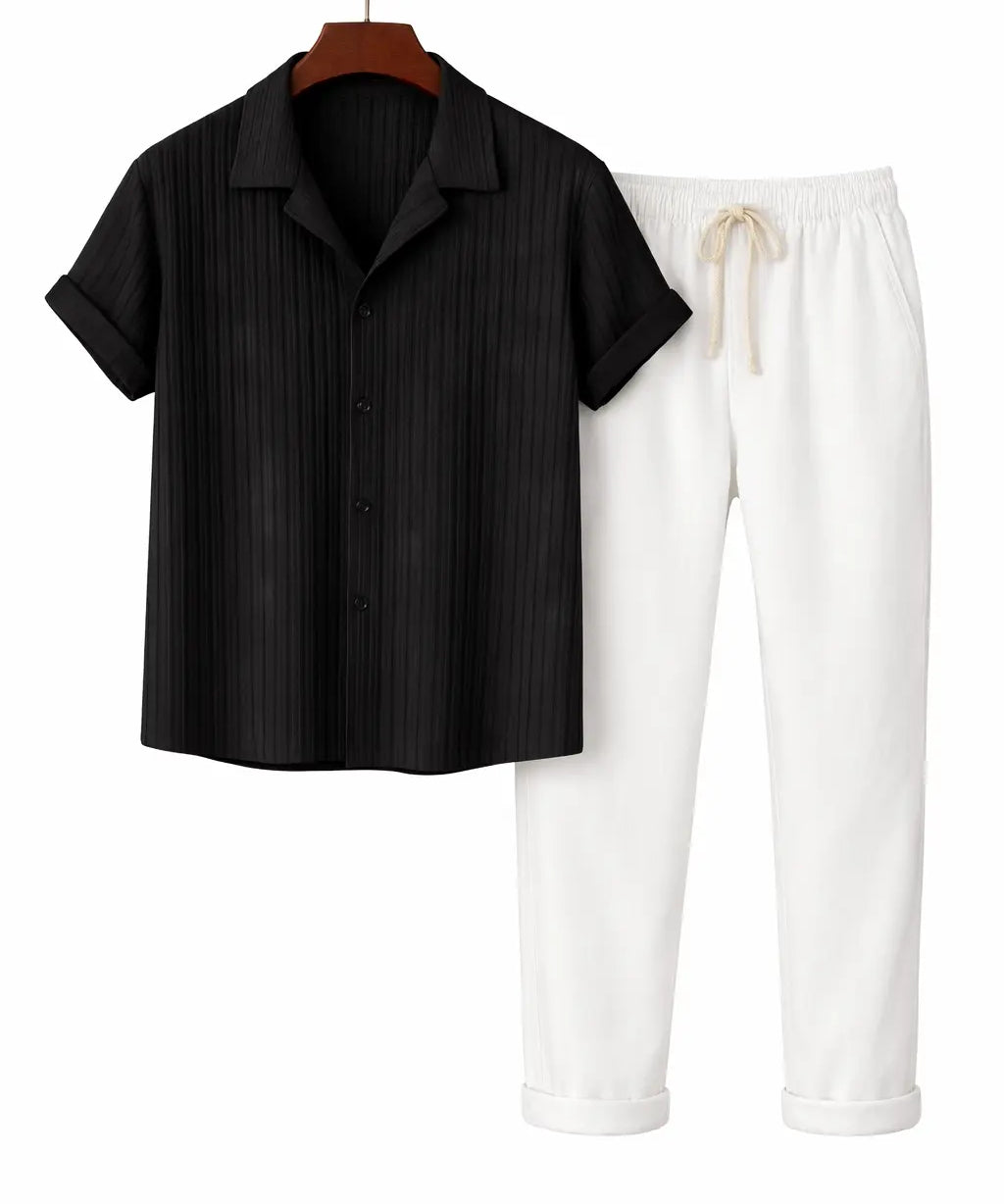 Black & White Palawan - Short-Sleeved Set shown in a lifestyle setting