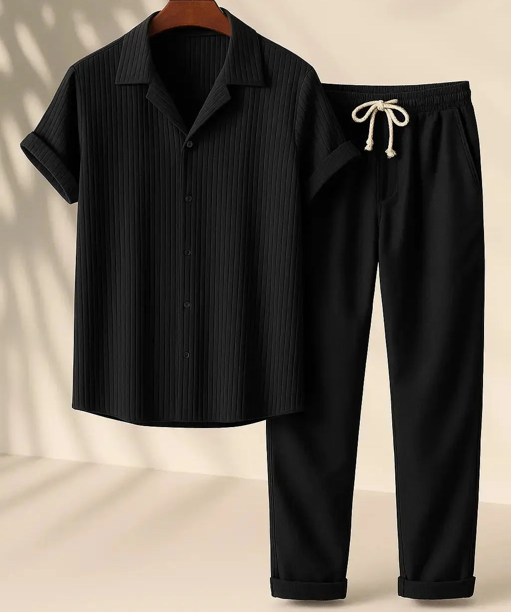 Black Palawan - Short-Sleeved Set shown in a lifestyle setting