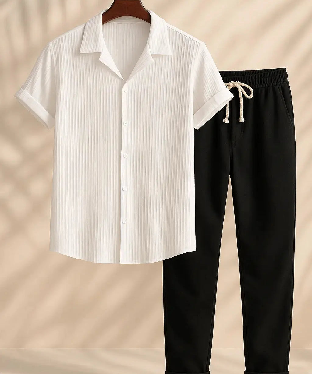 White & Black Palawan - Short-Sleeved Set shown in a lifestyle setting