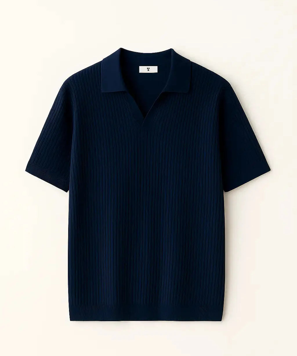 Navy Blue Ribb Polo shown in a lifestyle setting