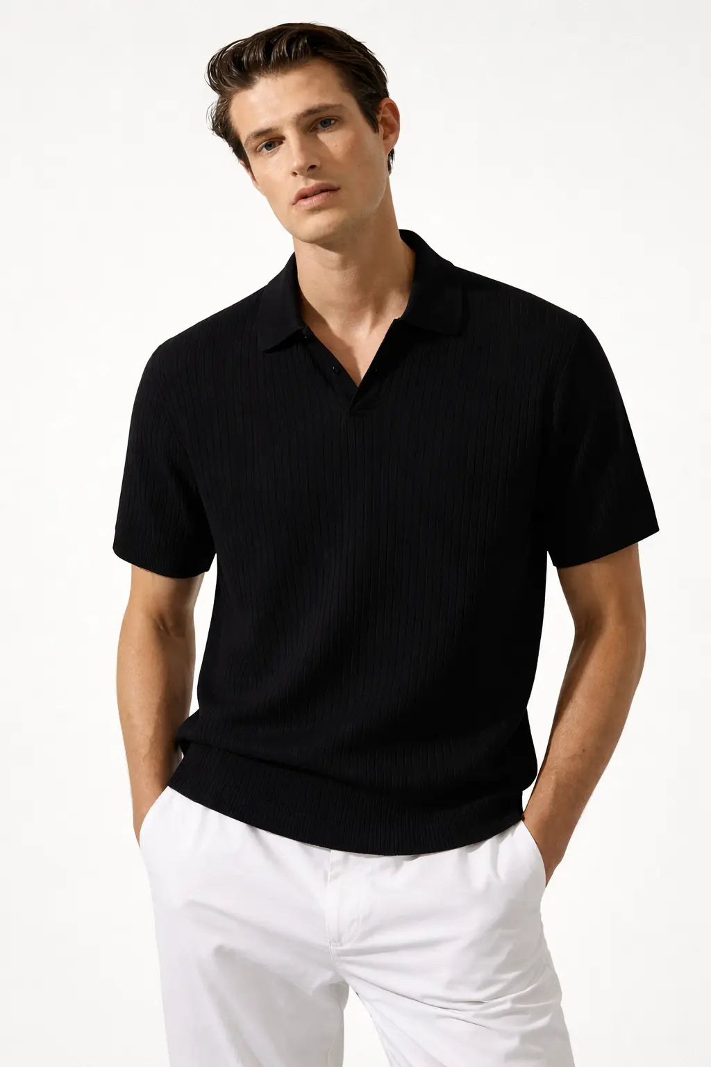 Ribb Polo shown in a lifestyle setting, side angle view