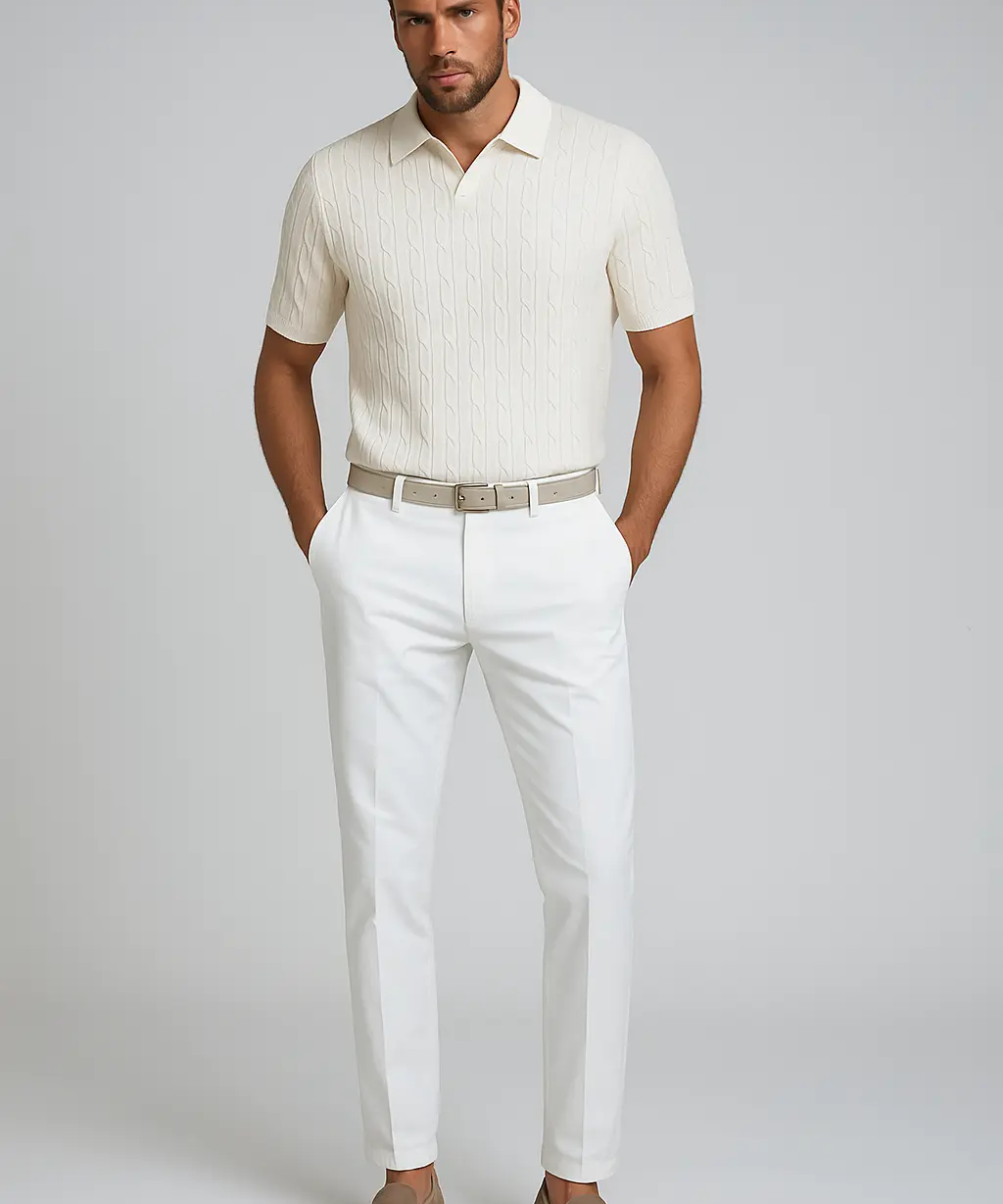 Noir Ribbed Polo shown in a lifestyle setting