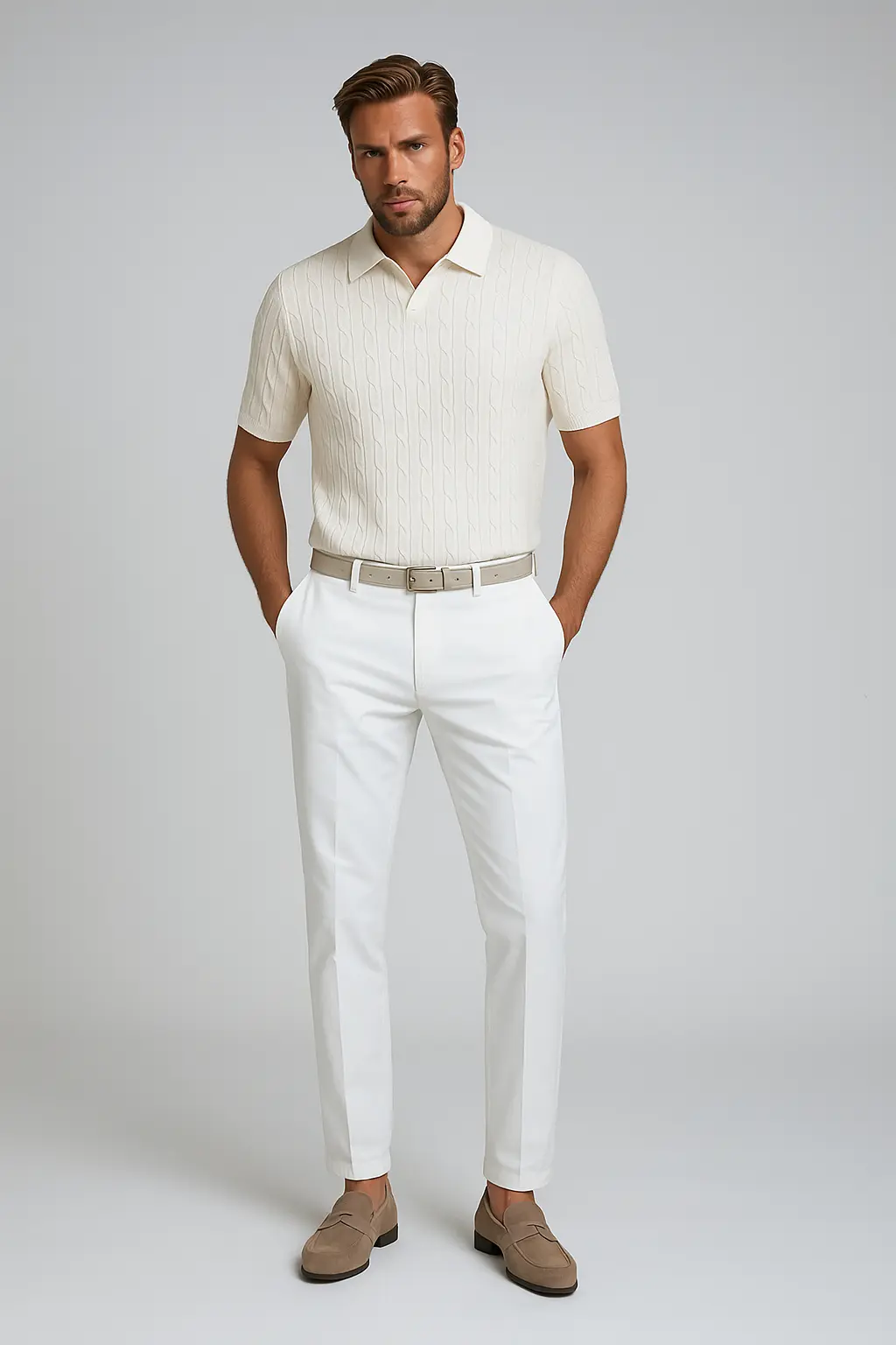 Noir Ribbed Polo shown in a lifestyle setting