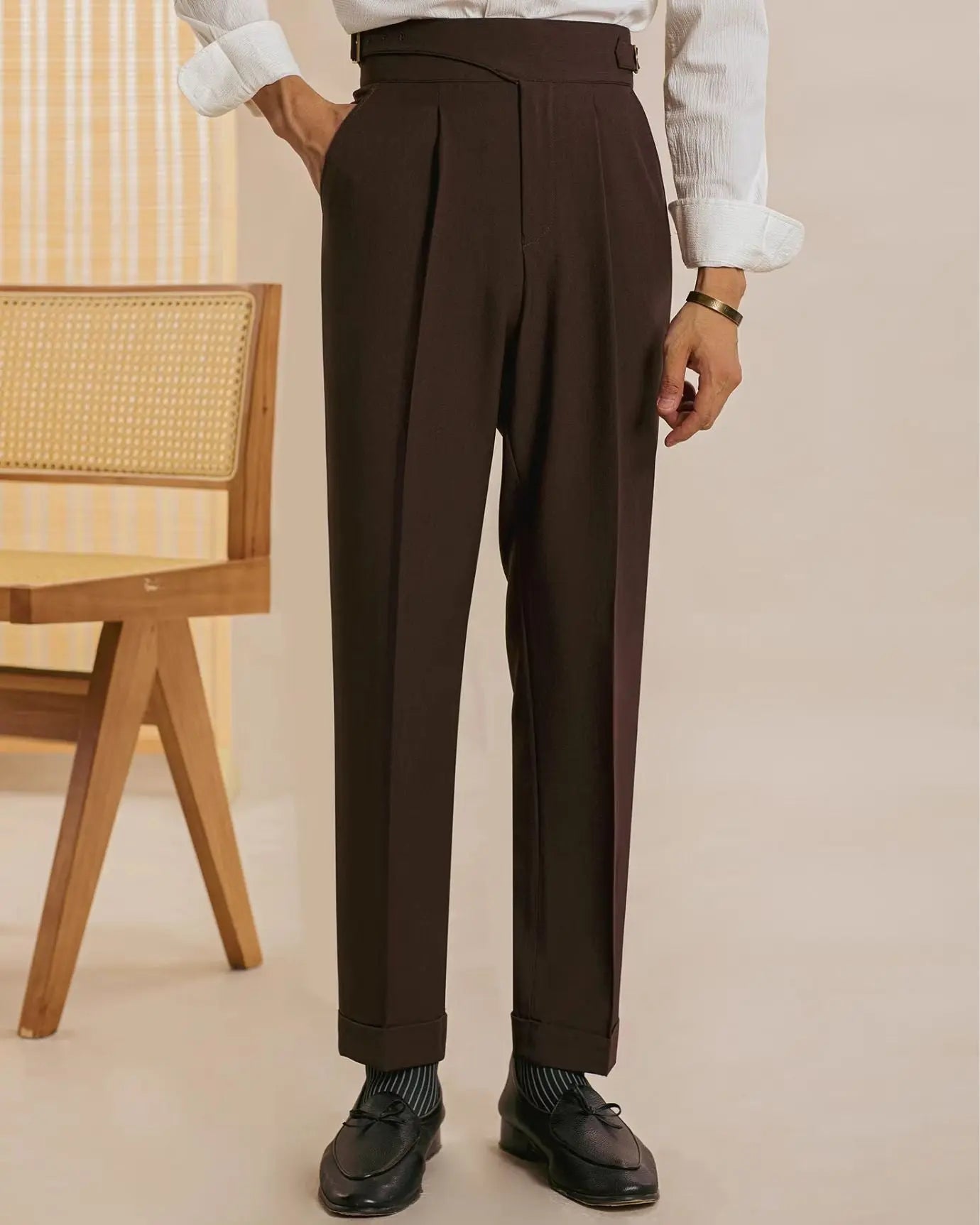 San Fransisco Italian Trousers shown in a lifestyle setting, alternate view