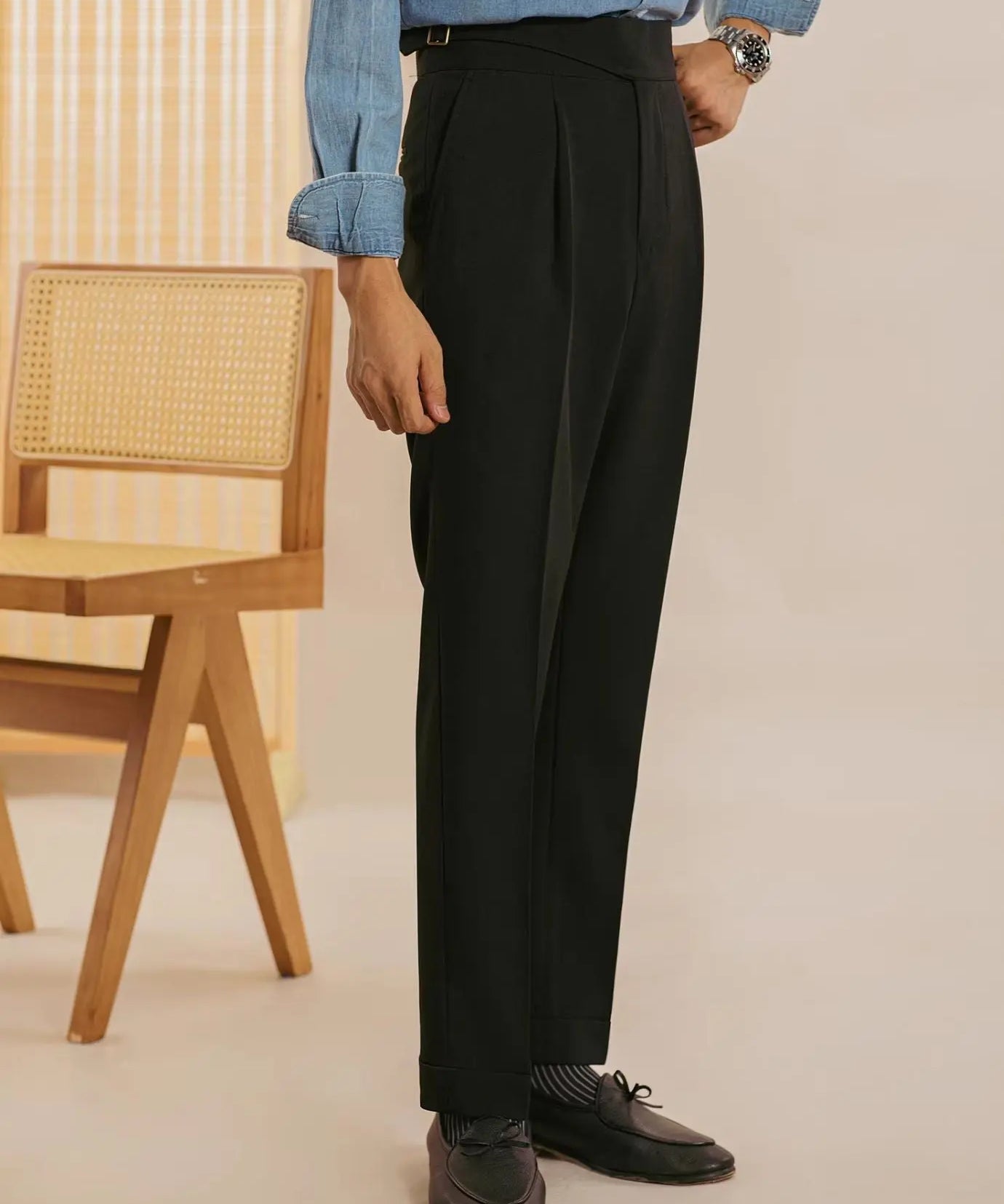 Black San Fransisco Italian Trousers shown in a lifestyle setting