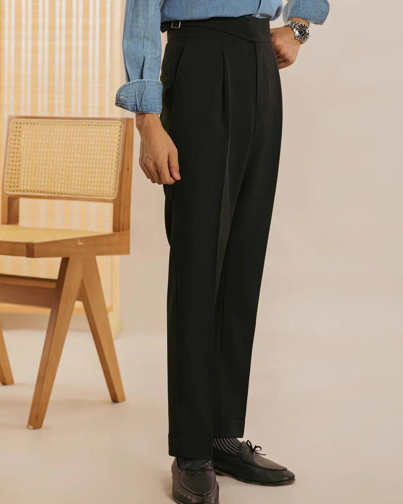 Black San Fransisco Italian Trousers shown in a lifestyle setting