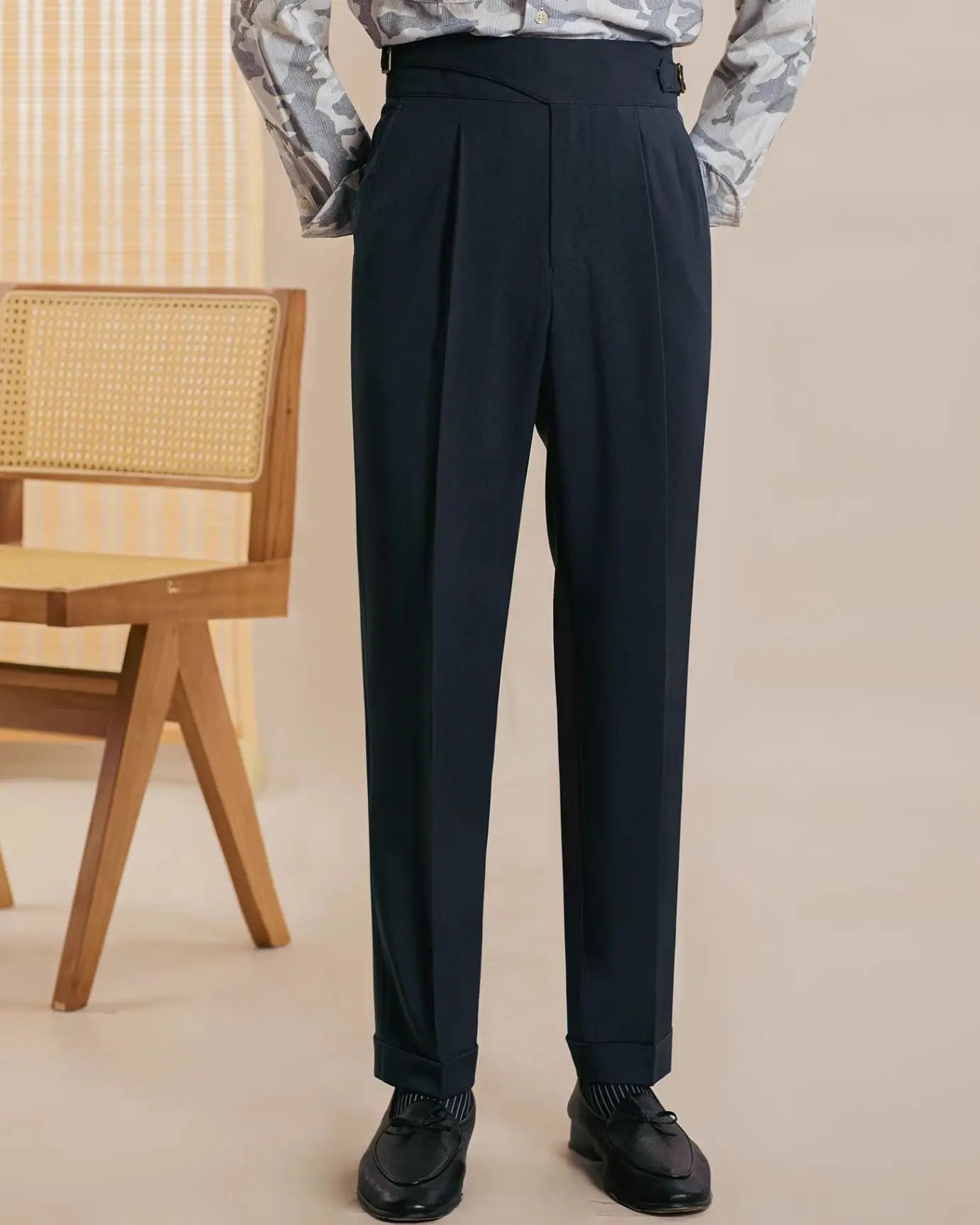 San Fransisco Italian Trousers shown in a lifestyle setting, full length view