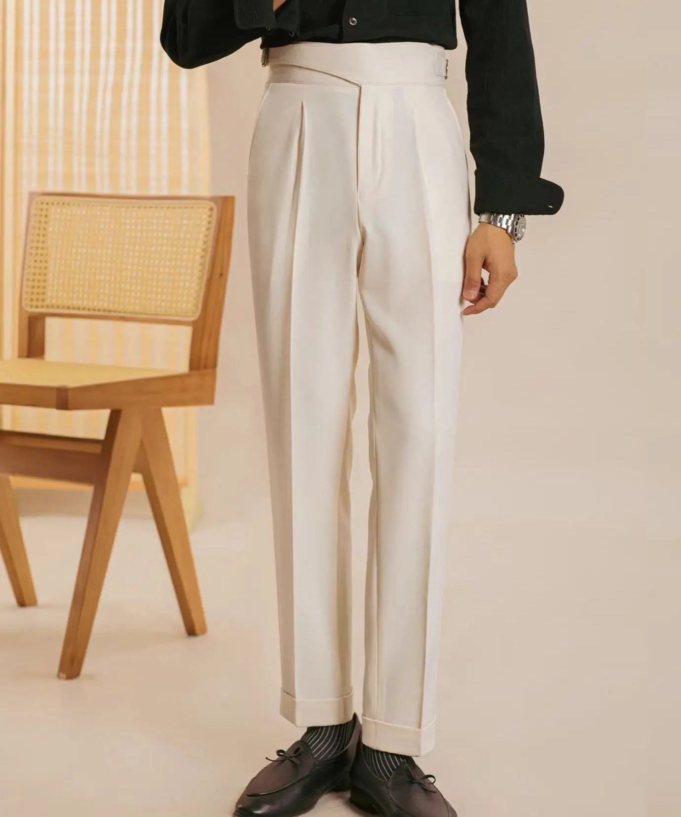 White San Fransisco Italian Trousers shown in a lifestyle setting