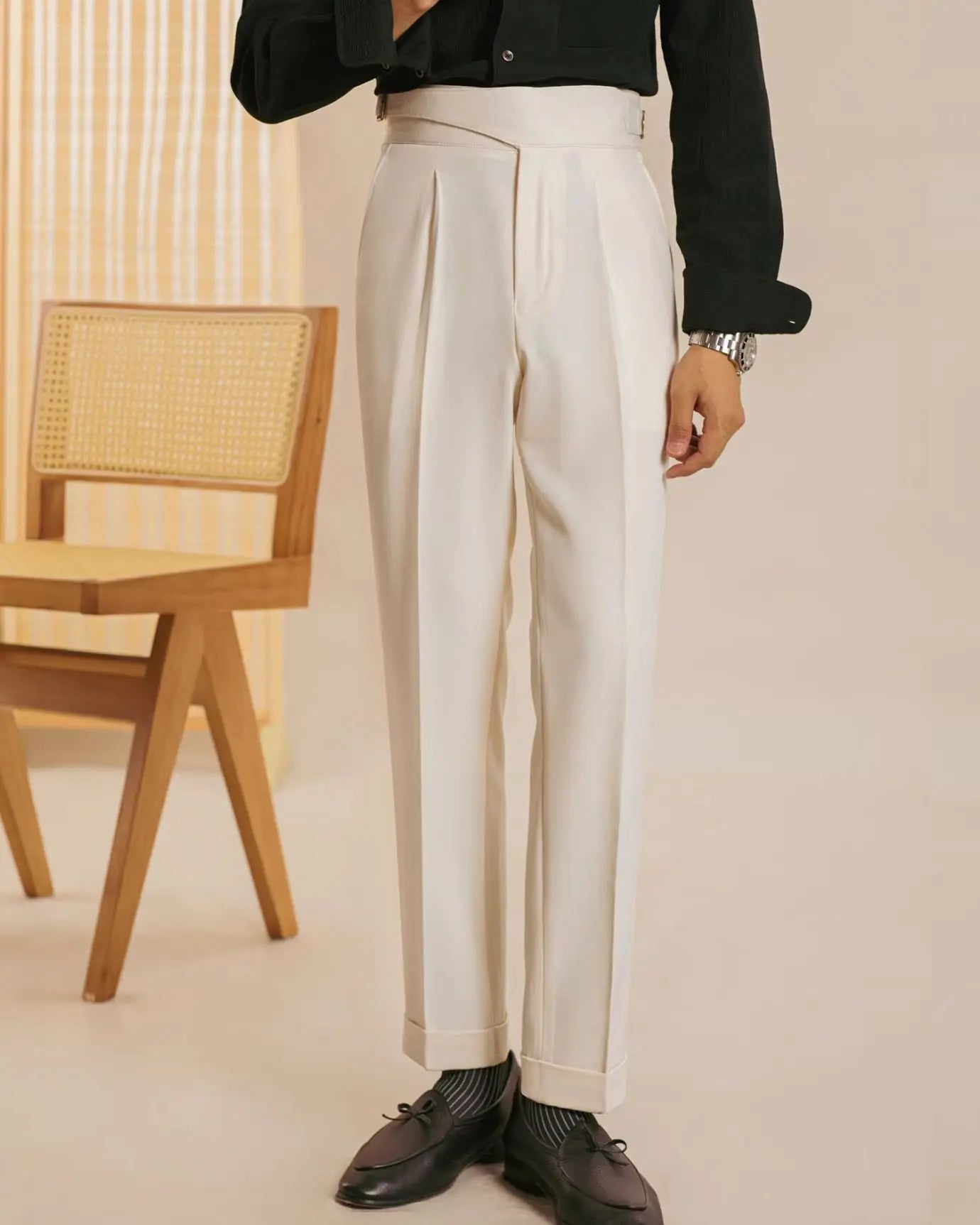 White San Fransisco Italian Trousers shown in a lifestyle setting