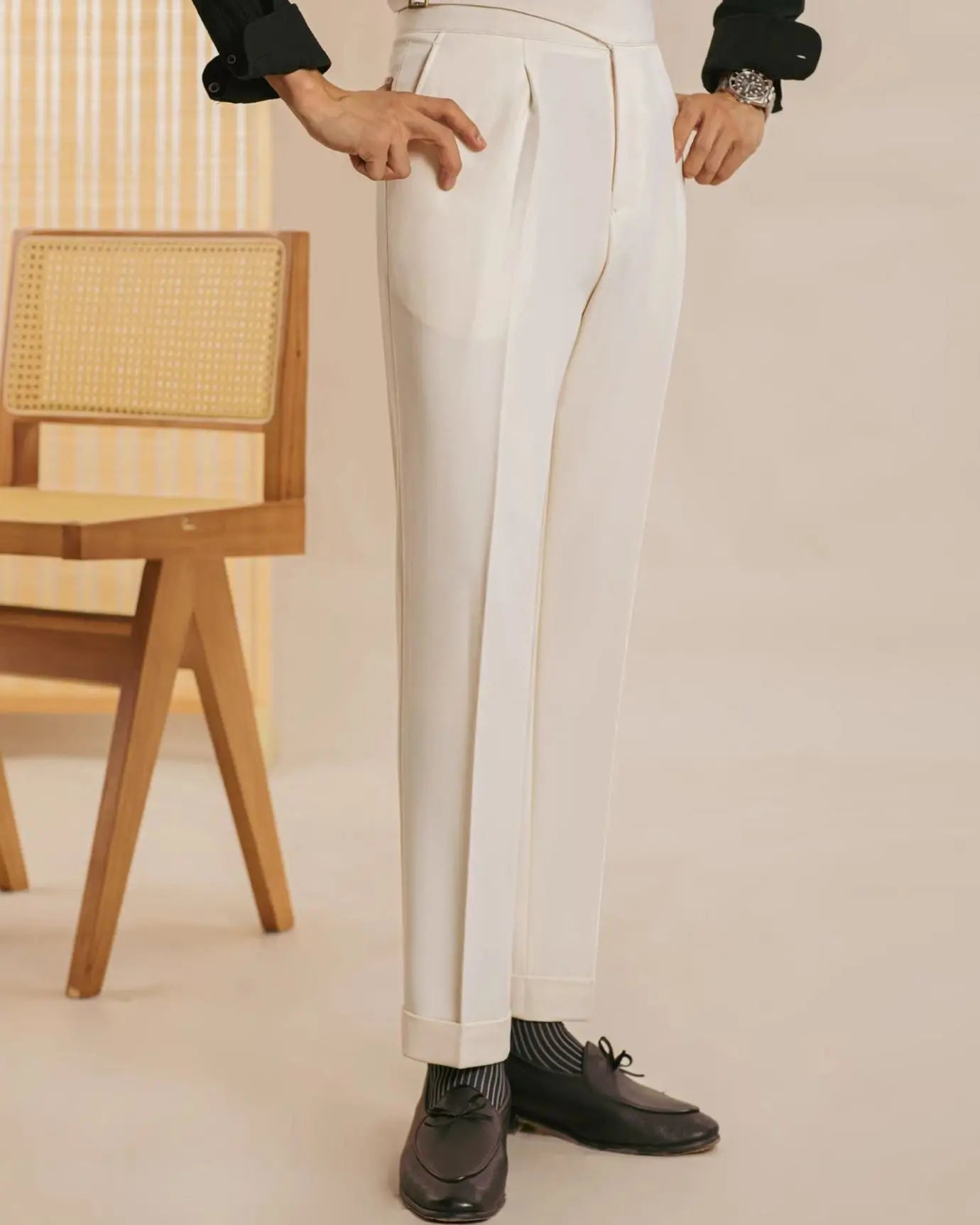 San Fransisco Italian Trousers shown in a lifestyle setting