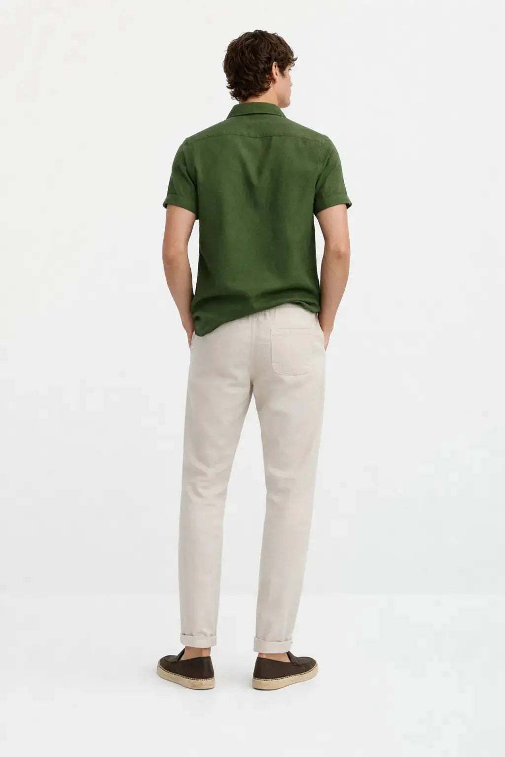 Back view of Short Sleeve Stand Collar Shirt & Straight Leg Linen Pants, alternate angle