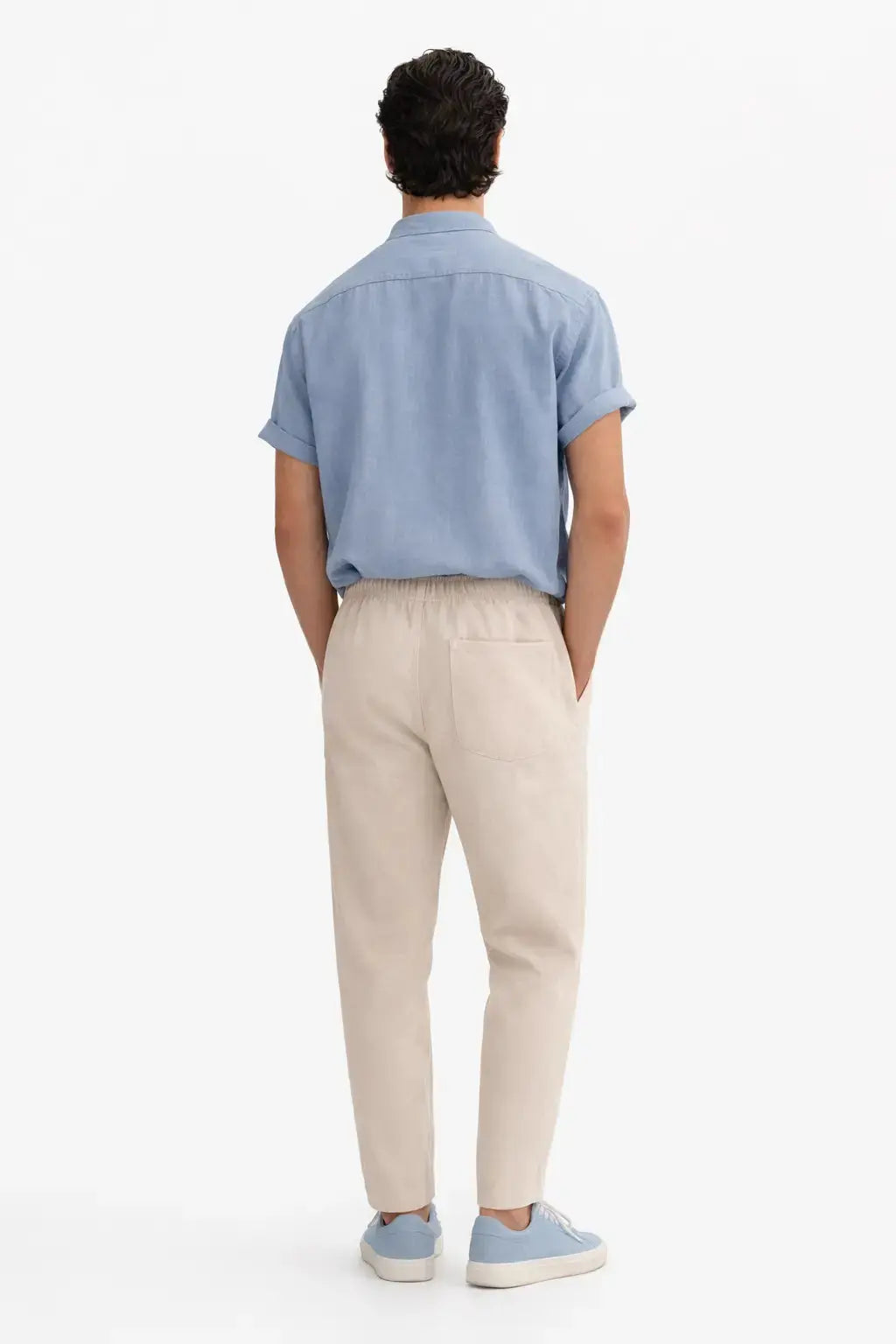Back view of Short Sleeve Stand Collar Shirt & Straight Leg Linen Pants, alternate view