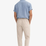 Back view of Short Sleeve Stand Collar Shirt & Straight Leg Linen Pants, alternate view