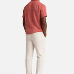 Back view of Short Sleeve Stand Collar Shirt & Straight Leg Linen Pants, close up