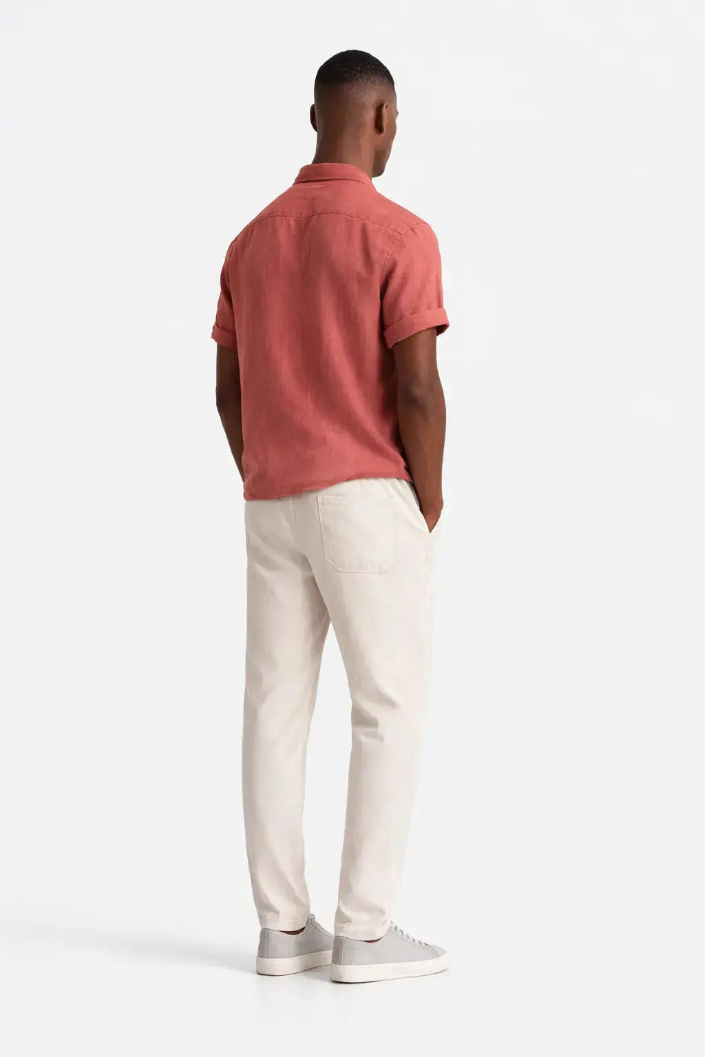 Back view of Short Sleeve Stand Collar Shirt & Straight Leg Linen Pants, close up