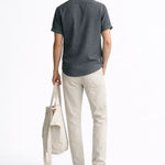 Back view of Short Sleeve Stand Collar Shirt & Straight Leg Linen Pants, full view