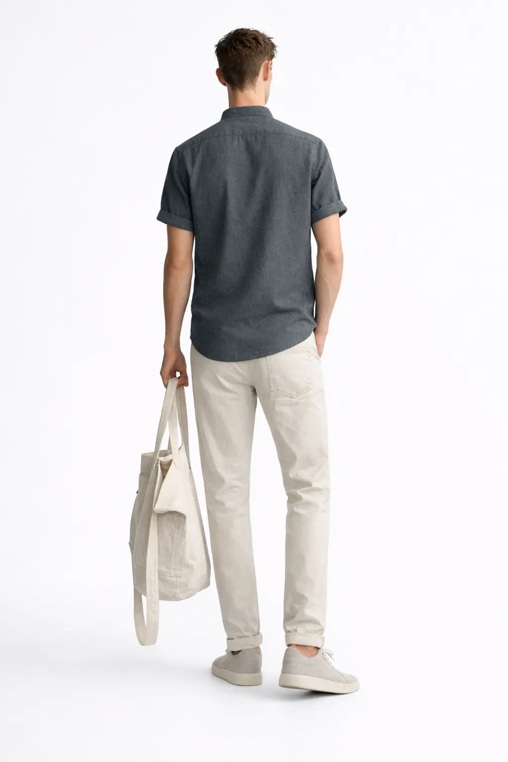 Back view of Short Sleeve Stand Collar Shirt & Straight Leg Linen Pants, full view