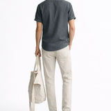 Back view of Short Sleeve Stand Collar Shirt & Straight Leg Linen Pants, full view