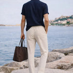 Back view of Short Sleeve Stand Collar Shirt & Straight Leg Linen Pants