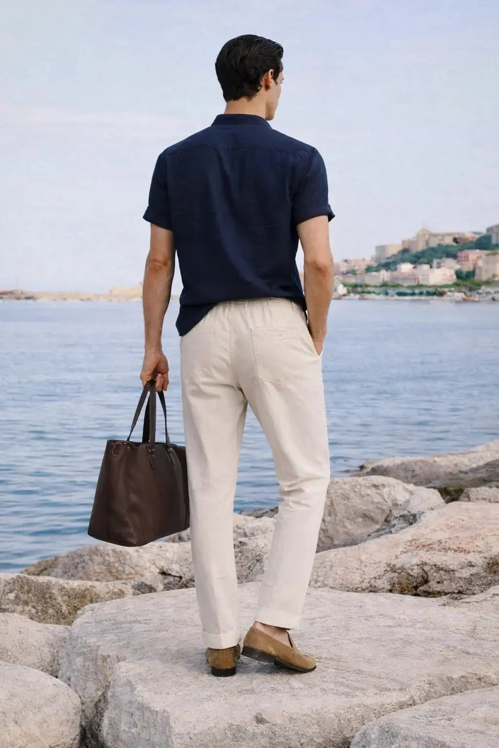 Back view of Short Sleeve Stand Collar Shirt & Straight Leg Linen Pants