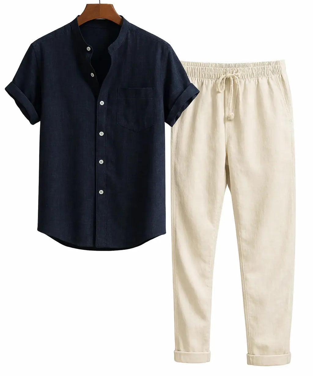 Front view of Dark Blue Short Sleeve Stand Collar Shirt & Straight Leg Linen Pants