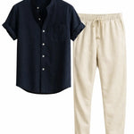Front view of Dark Blue Short Sleeve Stand Collar Shirt & Straight Leg Linen Pants