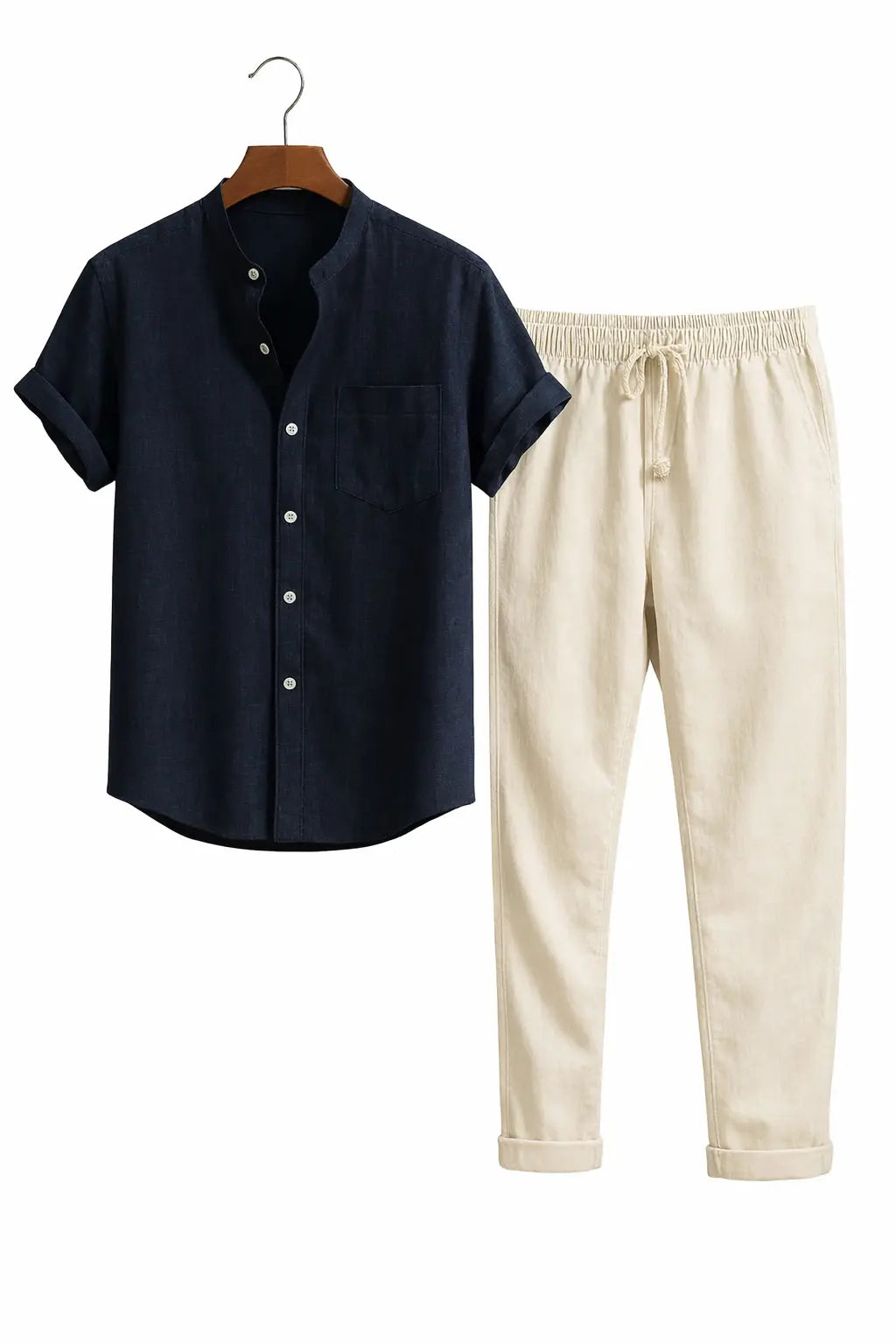 Front view of Dark Blue Short Sleeve Stand Collar Shirt & Straight Leg Linen Pants