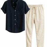 Front view of Dark Blue Short Sleeve Stand Collar Shirt & Straight Leg Linen Pants